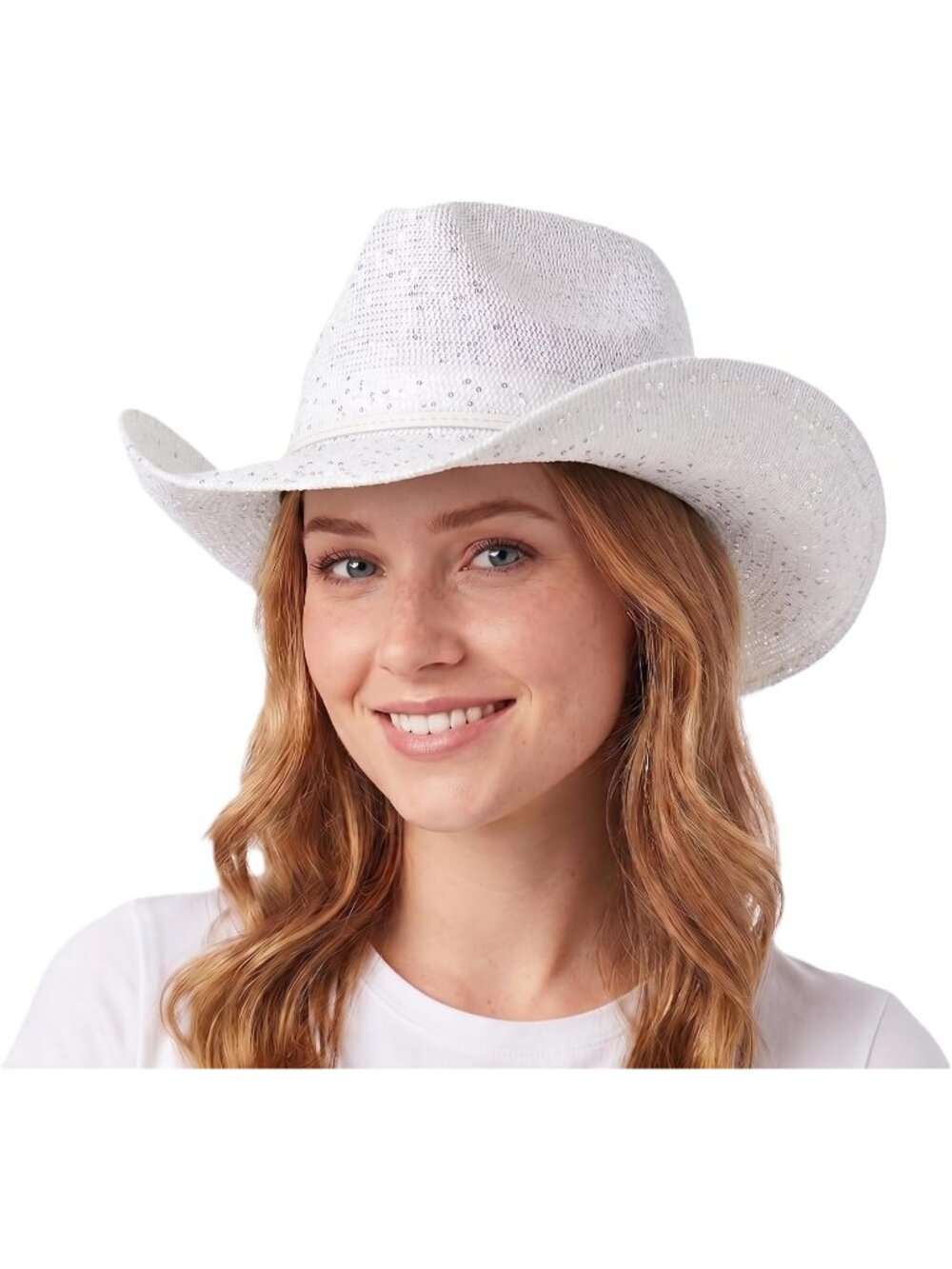 Women's White Sparkly Sequin Suede String Trim Party Cowboy Western Hat